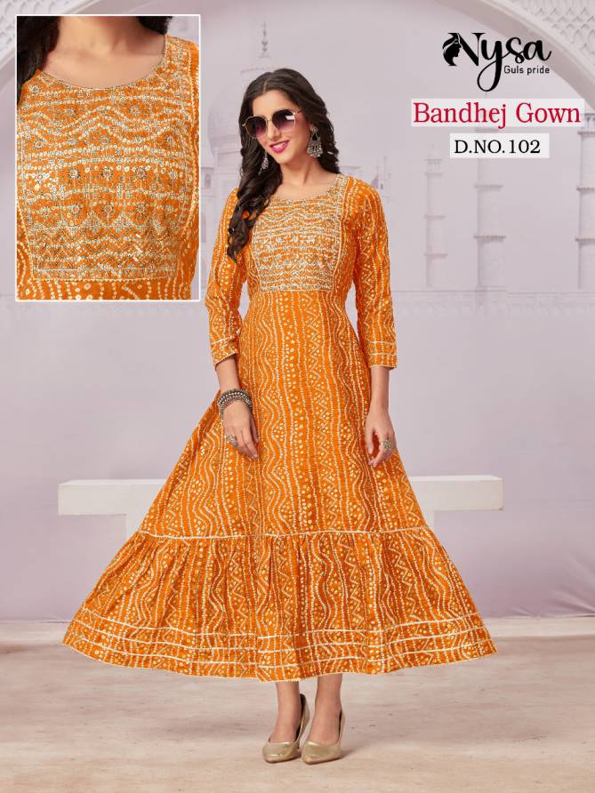 Bandhej Gown By Nysa Foil Print Long Anarkali Kurtis Wholesale Shop In Surat